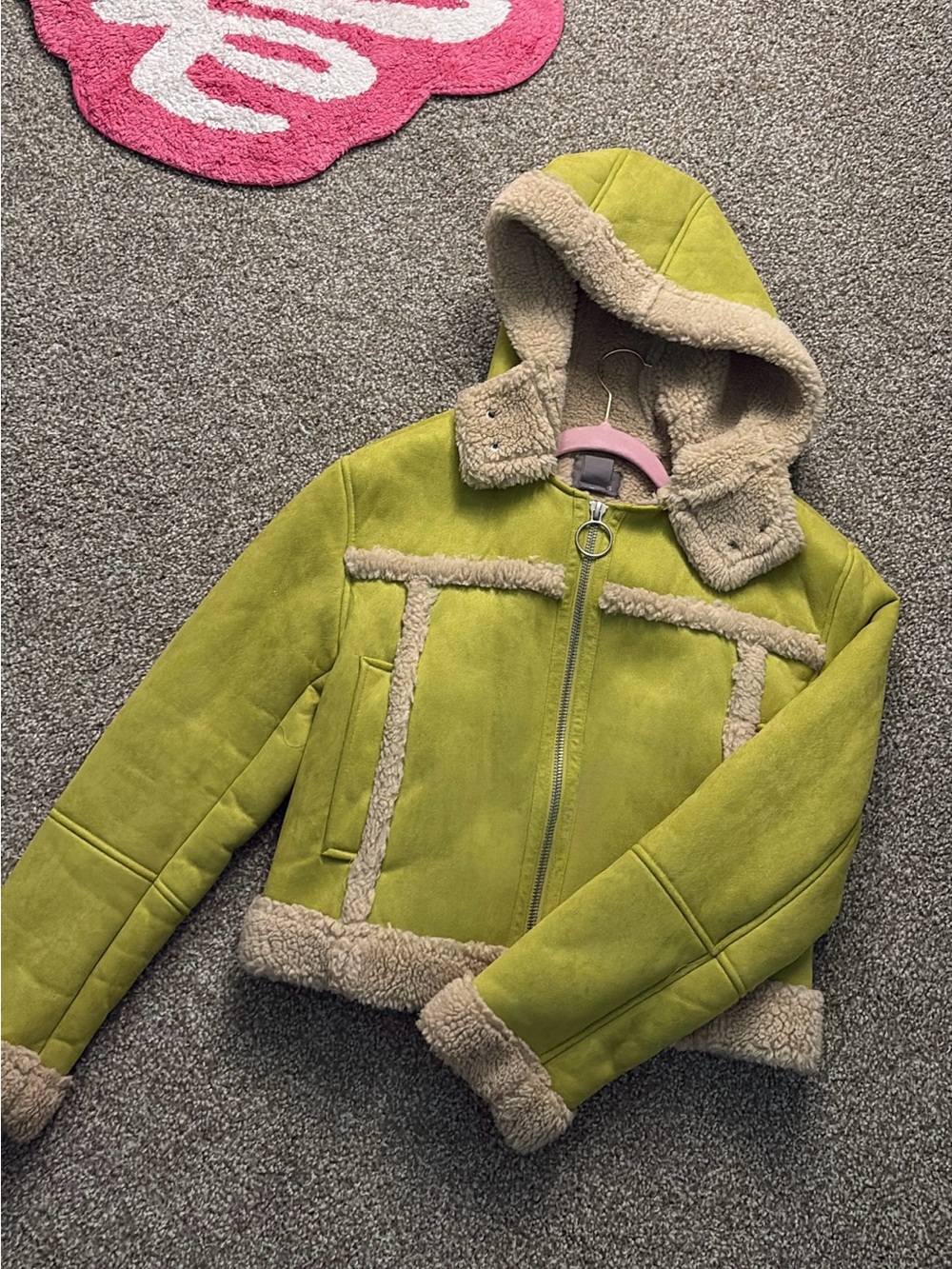 Faux Shearling Hooded Jacket in Lime Green